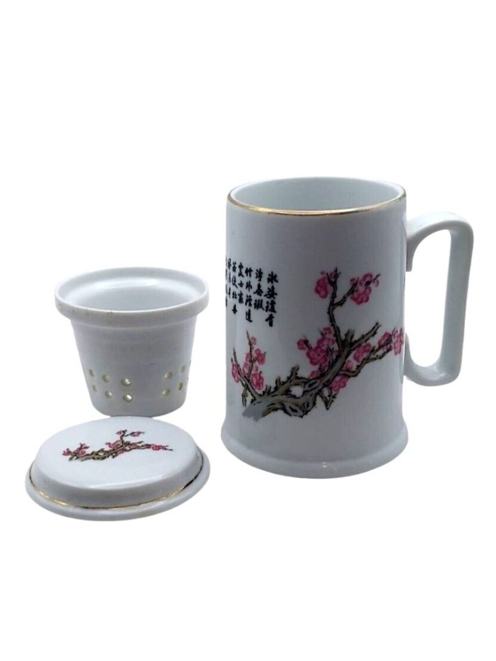 Porcelain Tea Mug Set Infuser Lid Travel Cherry Blossoms Floral Snow White China